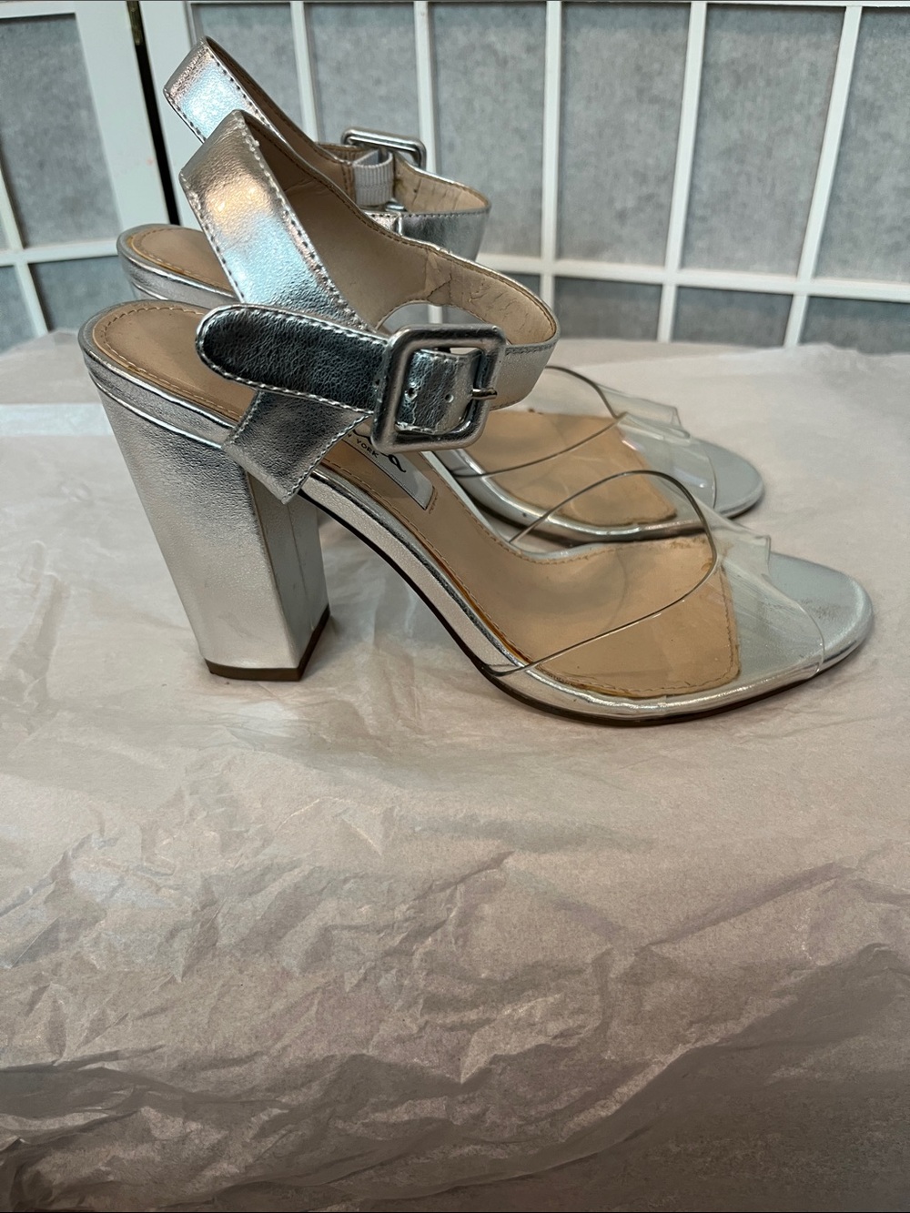 Nina Silver Metallic Block Heels with Clear Toe Strap